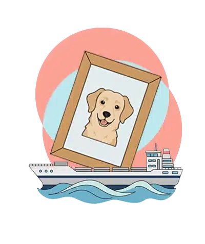Home 23 A portrait of a golden retriever in a wooden frame, with the dog having a gentle expression and pink and light blue circular decorations in the background