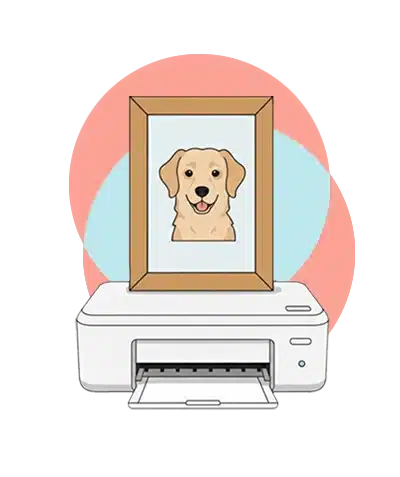 Home 22 A portrait of a golden retriever in a wooden frame, with the dog having a gentle expression and pink and light blue circular decorations in the background