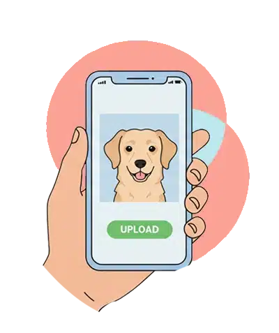 Home 20 A hand holding a mobile phone with a golden retriever's photo on the screen and an "UPLOAD" button below