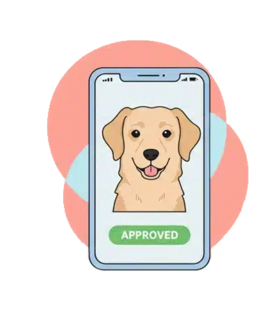 Home 21 A mobile phone held in a hand displays a photo of a golden retriever, with a green "APPROVED" button below on the screen