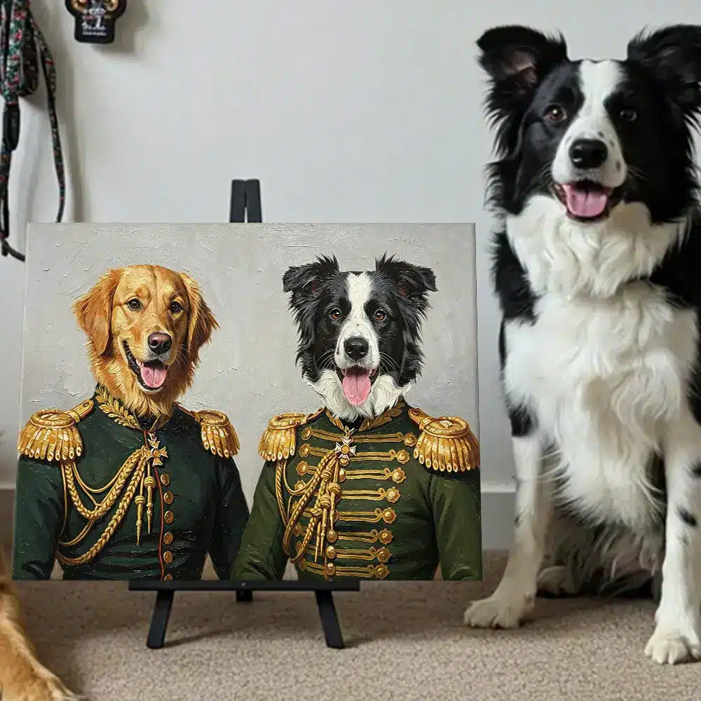 Home 5 Girl with Pearl Earring Custom Pet Portrait, a Border Collie in yellow dress.