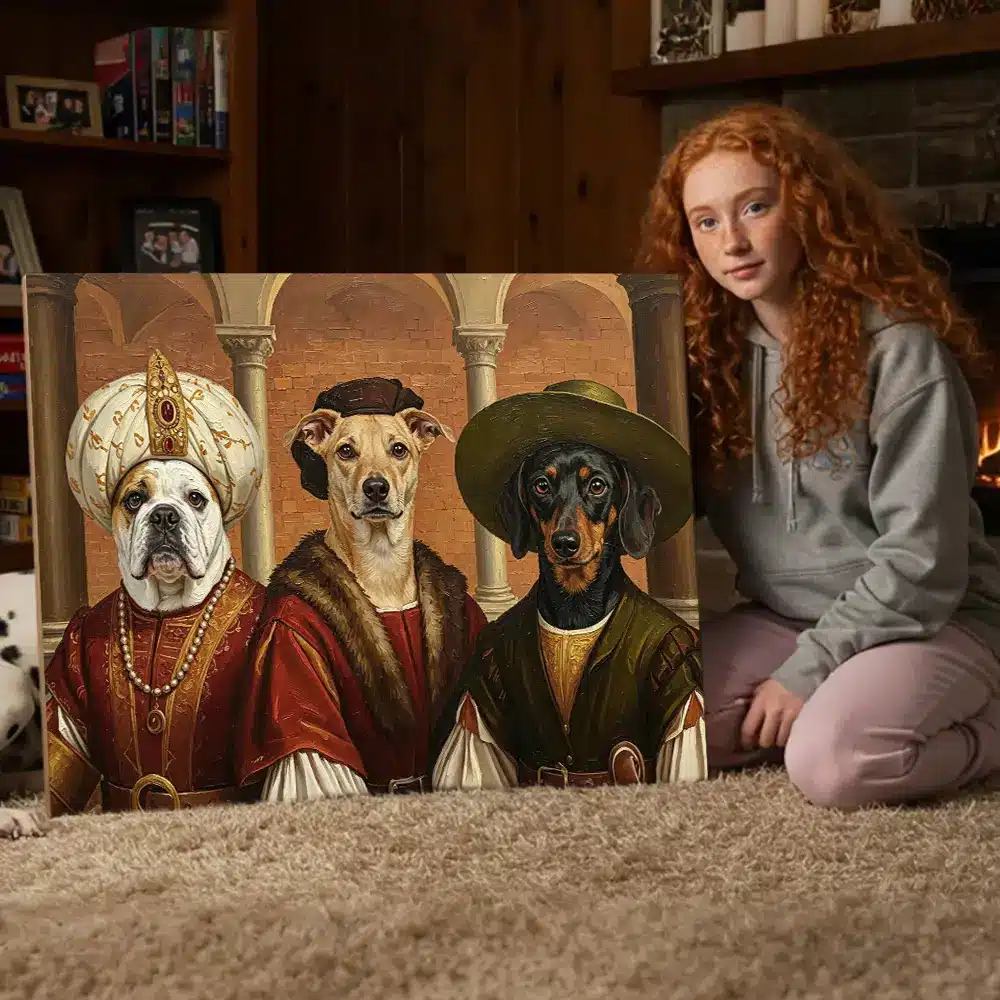 Home 6 Girl with Pearl Earring Custom Pet Portrait, a Border Collie in yellow dress.