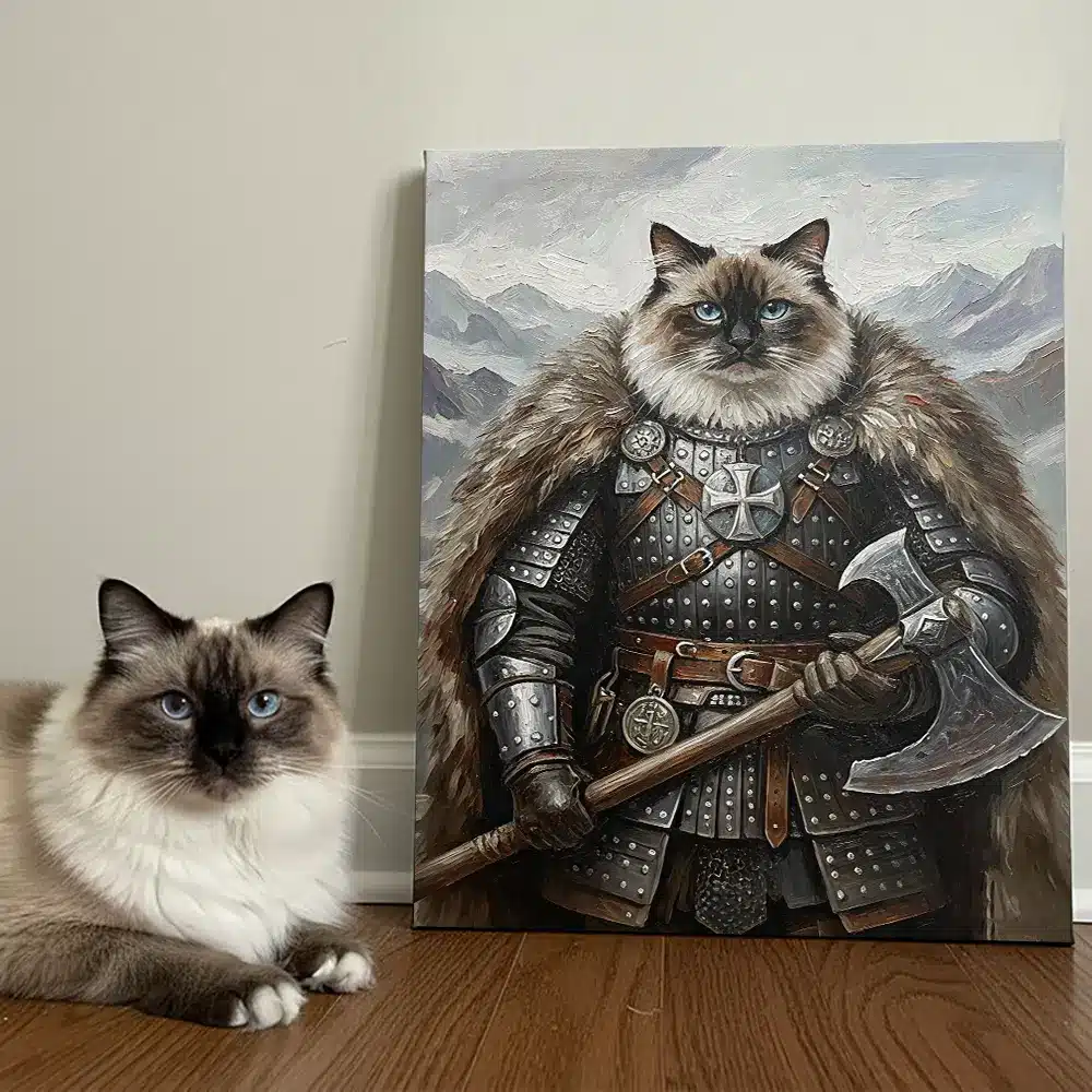 Home 30 Viking Warrior Custom Pet Portrait, a Ragdoll cat in fur-lined armor with axe.
