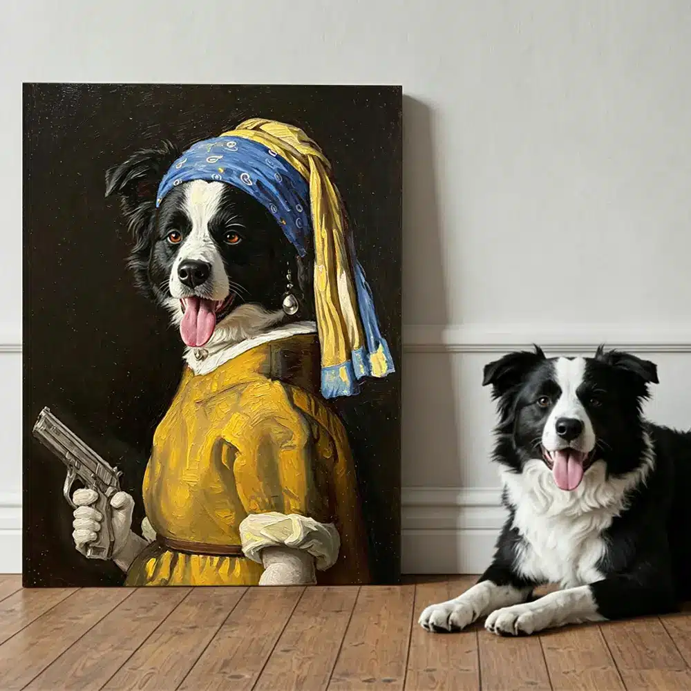 Home 4 Girl with Pearl Earring Custom Pet Portrait, a Border Collie in yellow dress.