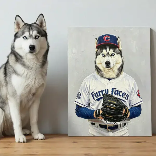 Home 26 Baseball Player Custom Pet Portrait, a dog baseball player in white jersey.