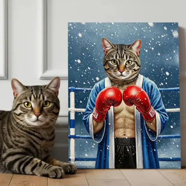 Home 28 Boxer Custom Pet Portrait, a boxer cat in blue robe & red gloves in snowy ring.