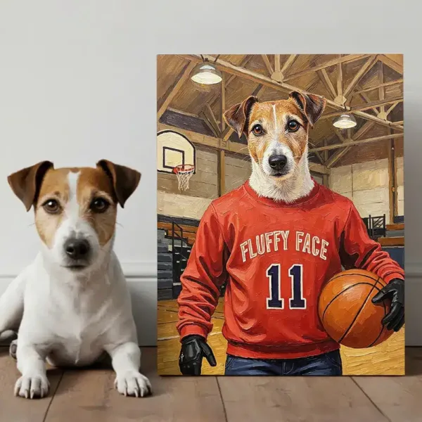 Home 27 Basketball Player Custom Pet Portrait, a dog in red jersey with basketball.