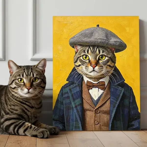 Home 29 British Gentleman Custom Pet Portrait, a tabby cat in tweed coat.